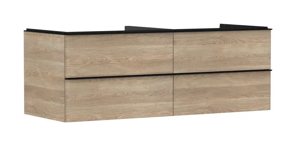 Waschtischunterschrank in Holzoptik mit vier Schubkästen, passend für einen Waschtisch. Marke Hansgrohe. Schlichte und funktionale Gestaltung ohne Dekoration.